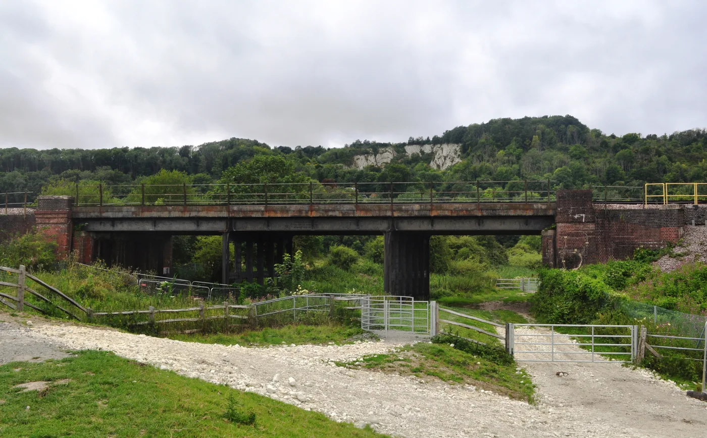 A railway bridge beside the Ouse Valley footpath at Landport, Lewes. The proposed new crossing would be north of the town, between Monks Way and Ivors Lane.