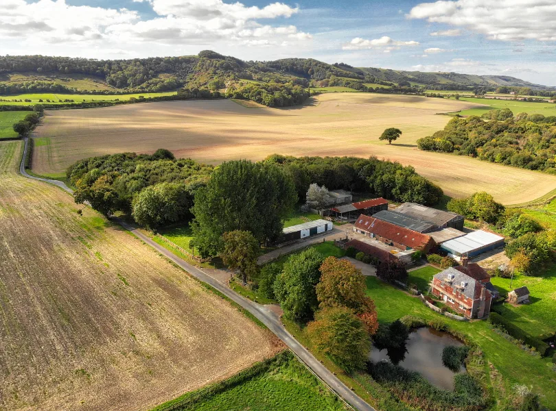 Aerial view of Allington Farm, with fields, farm buildings and woodland