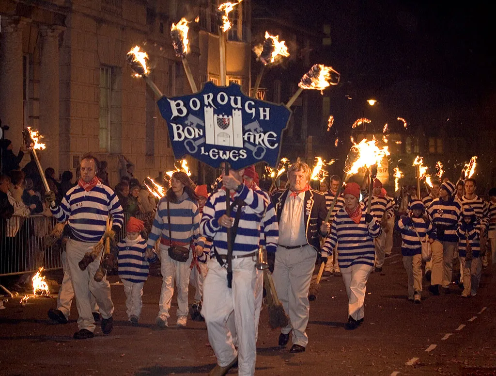 Lewes Borough Bonfire Society on the High Street. Six societies process through the town on 5 November.