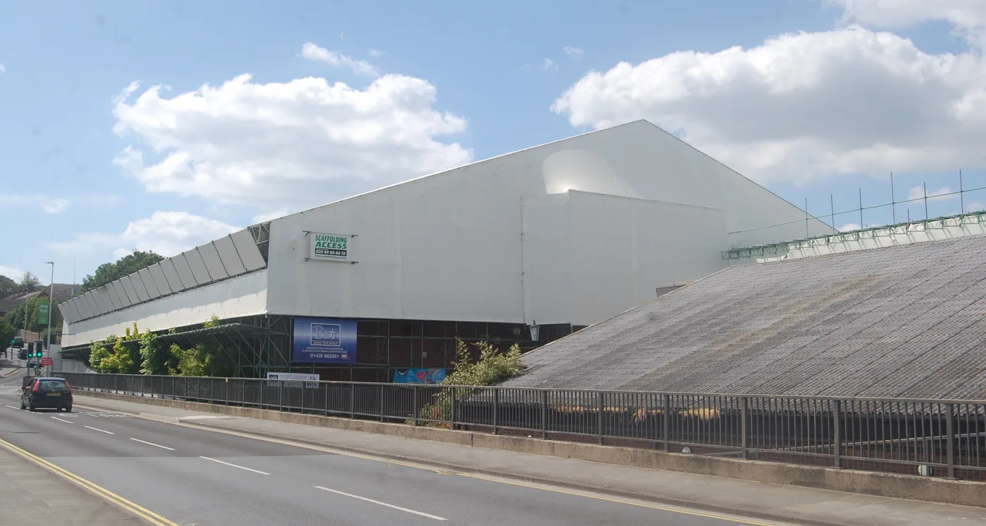 Newhaven Square seen from South Way in June 2023, sheeted and scaffolded, long before the health hub was finished.